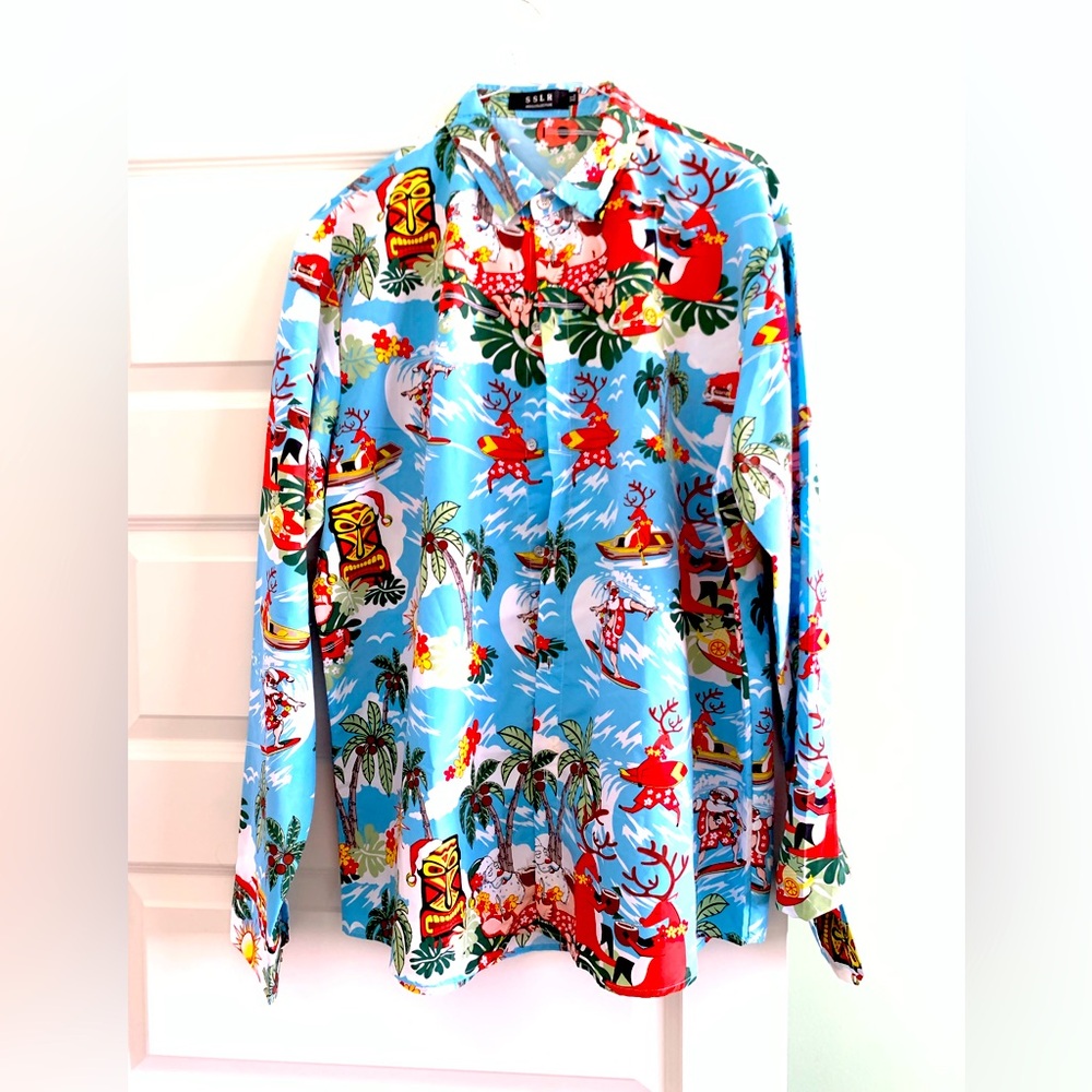 Men’s long sleeve Hawaiian surfing Santa shirt XL blue